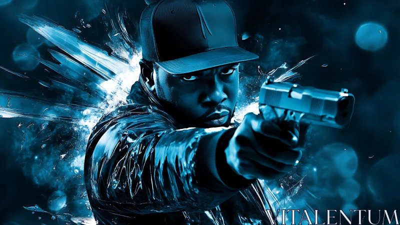 Intense gunman emerges from blue explosive light burst