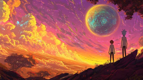 Digital painting sunset vista with cosmic vortex sky portal.
