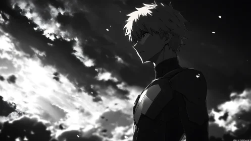 Armored anime hero stands against storm lit sky