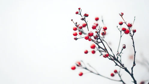 Red berries on snowy branches in minimalist winter photography.