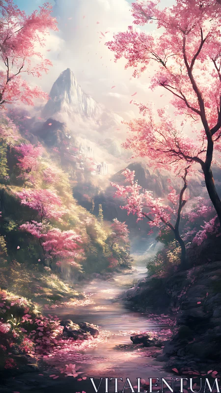 Mountain valley river with dense pink blossom trees.