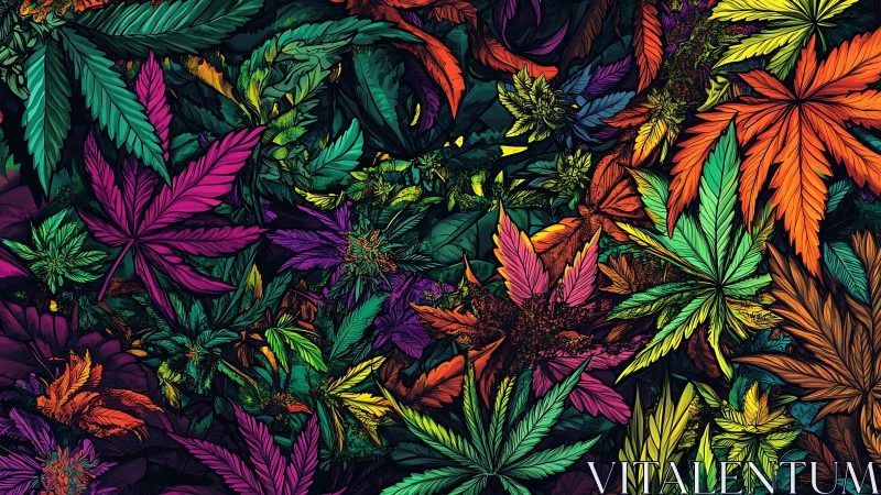 Vibrant cannabis leaves glow in a lush neon jungle dream