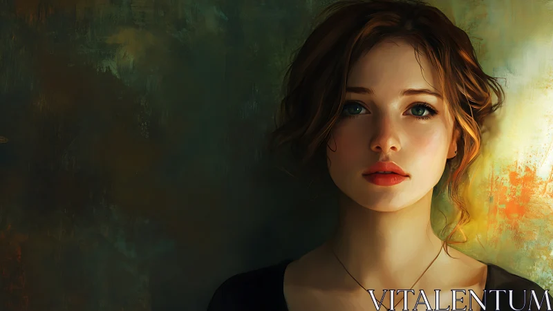 Digital portrait of young woman against textured wall.