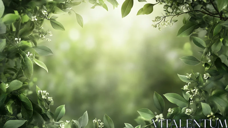 Radial depth-of-field foliage frame with diffuse green bokeh core