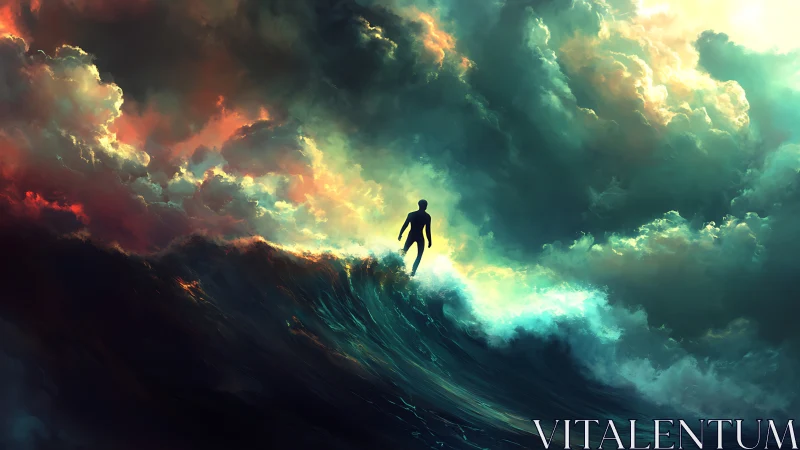 Stormlit surfer rides a glowing cosmic wave toward the light