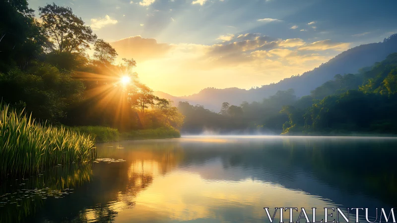 Sunrise mist drifts across a glassy forest lake in gold.