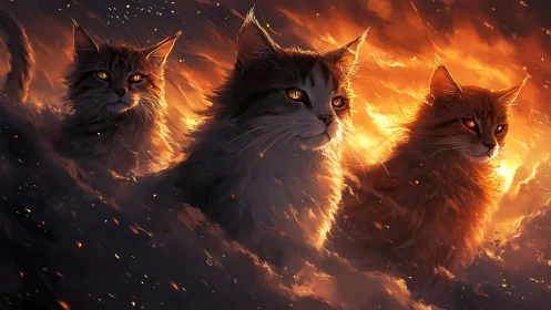 Infernal Trinity: Three Felines Wreathed in Cosmic Flame.