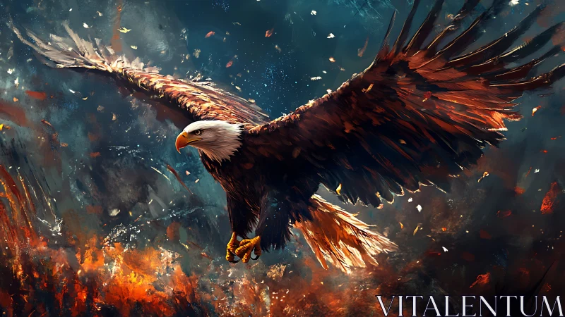 Majestic Bald Eagle Soaring Over Fiery Abstract Landscape Art.