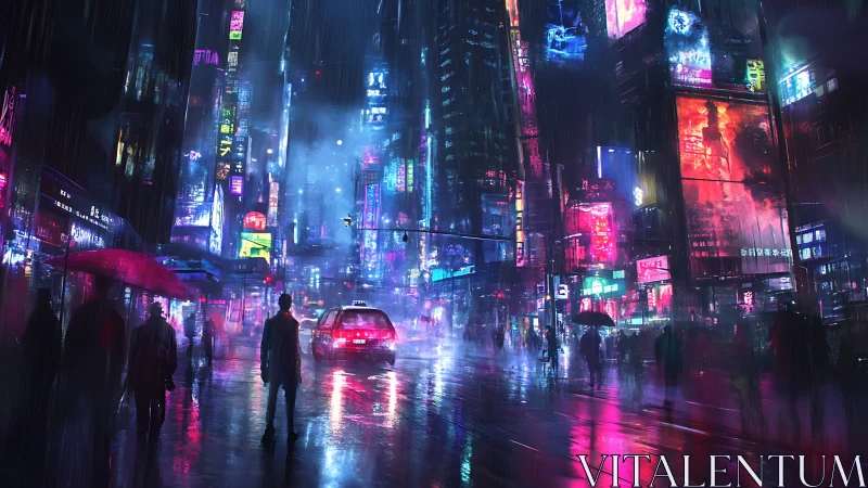 Neon soaked city street glowing through a rainy night walk.