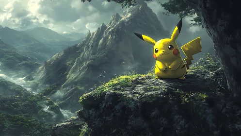 Cheerful Pikachu resting on a quiet, misty mountain ledge.