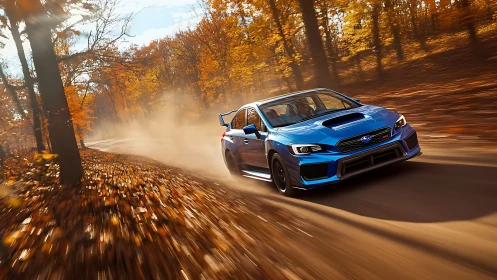 Blue rally car powers through golden autumn forest road.