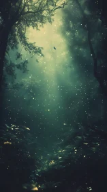 Forest environment with suspended luminescent particles and aerial bird silhouette.