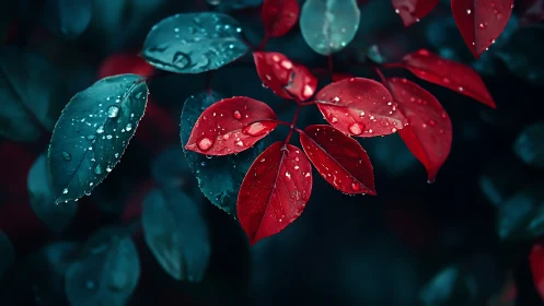 Red and teal foliage with water droplets at close range.