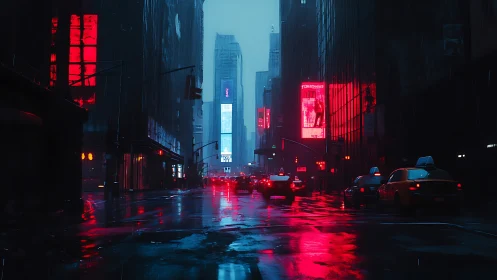 Neon-lit rainy avenue renders cinematic cyber-noir cityscape
