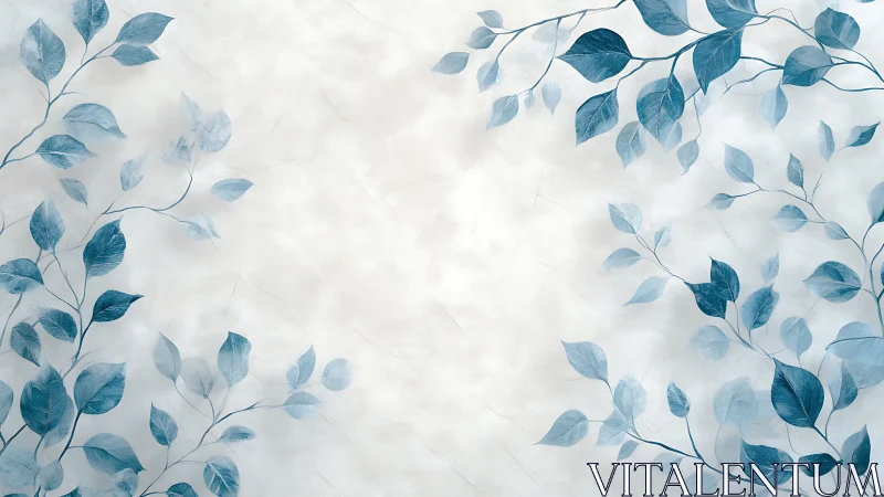 Blue botanical branches frame soft textured background.