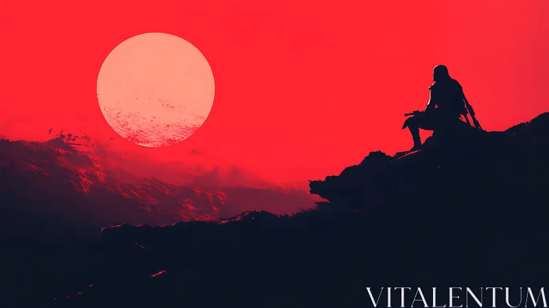 Lone warrior watches colossal red sun over jagged ridge
