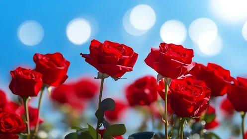 Red Roses Against Blue Sky: Depth-of-Field Botanical Study.