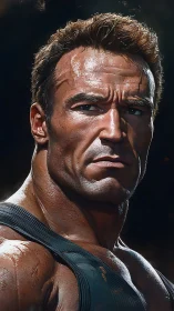 Powerful muscular warrior stares ahead in dramatic light.