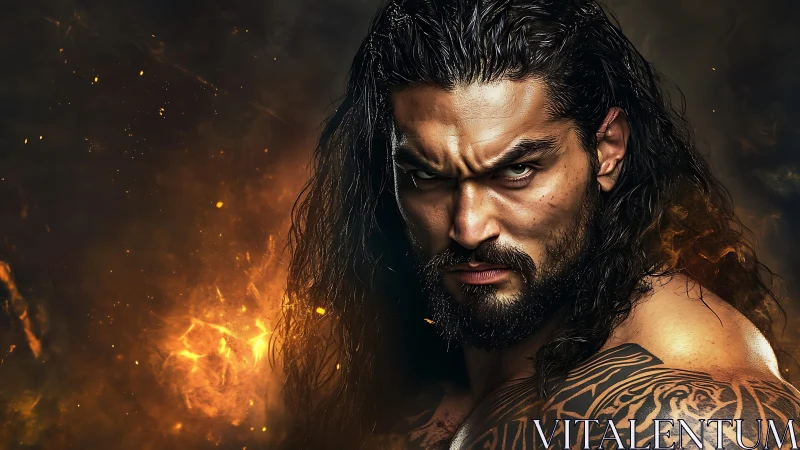 Long haired tattooed man against dark fiery backdrop.