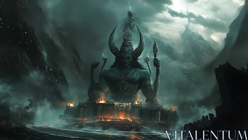 Colossal horned deity dominates stormlit burning citadel.