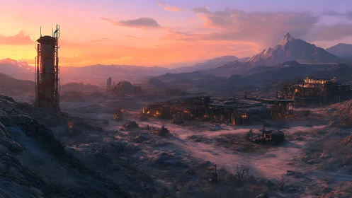 Industrial outpost in arid valley under low sunset light.