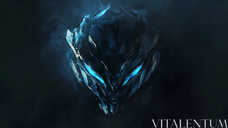 Metallic alien mask with glowing blue eyes in darkness.