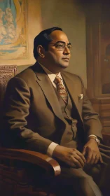 Formal seated portrait of bespectacled man in brown three piece suit