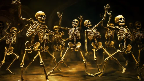 Joyful skeletons share a glowing midnight ballroom dance