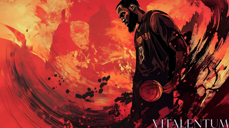 Basketball player in fiery abstract environment rendered graphically