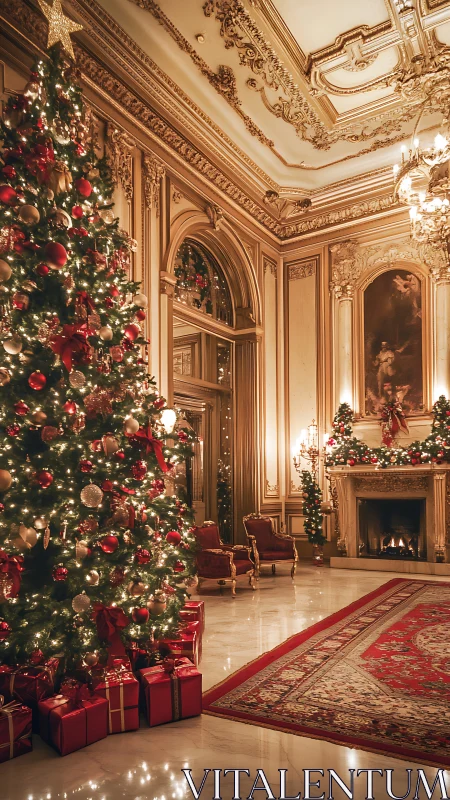 Opulent neoclassical hall with illuminated Christmas tree and gifts