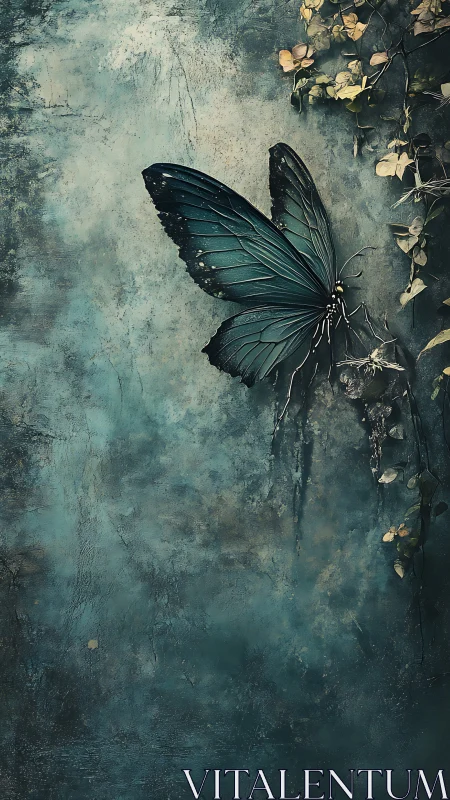 Decaying teal butterfly on textured patina wall surface.