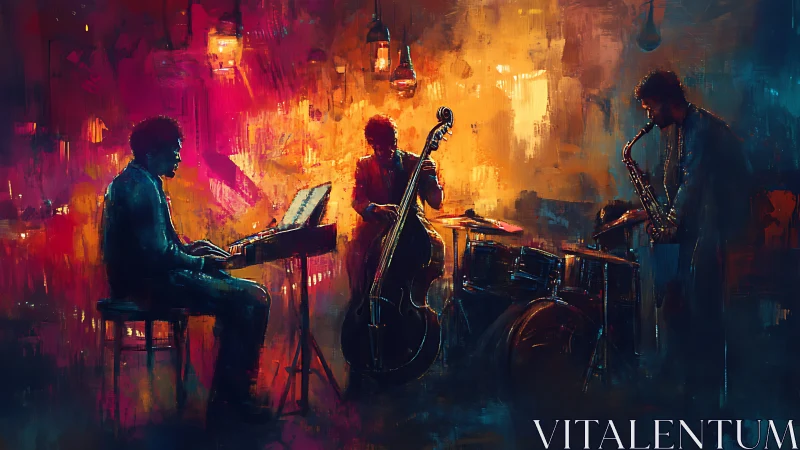 Soulful jazz quartet glowing in warm city night colors.