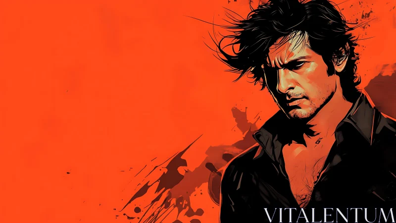 Storm-eyed drifter framed in blazing vermillion silence.