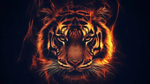 Fiery digital tiger portrait with glowing orange highlights.