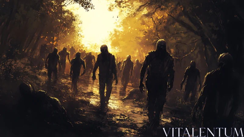 Backlit horde composition in apocalyptic forest corridor.