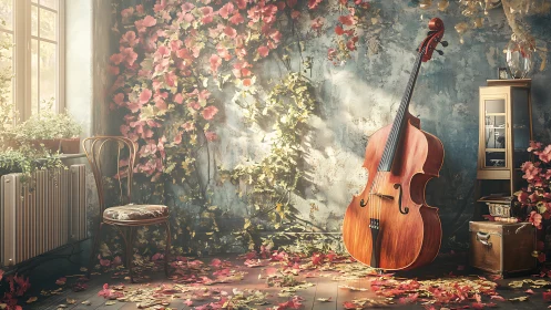 Sunlit cello in vintage floral studio corner interior.
