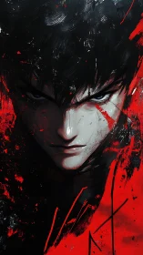 Brooding anime antihero amid violent red abstraction.