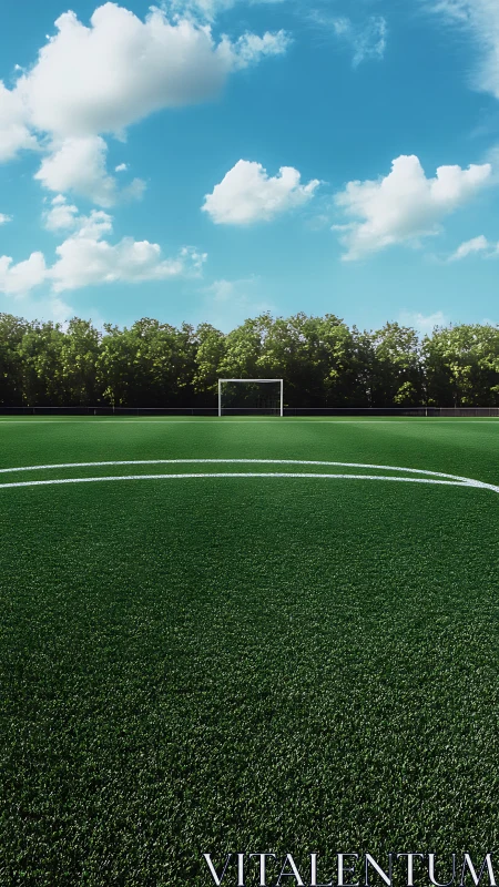 Sunlit soccer field waiting quietly for the next kickoff.