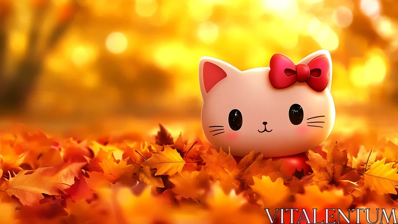 Cartoon cat figurine surrounded by orange autumn leaves.