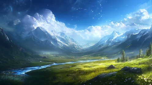 Celestial valley beneath luminous snowcapped mountainscape.