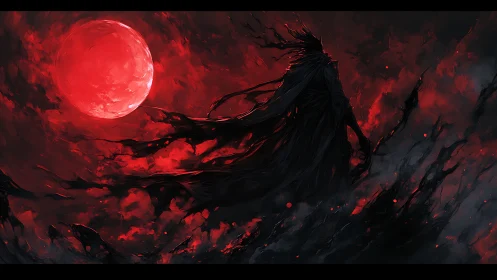Blood-red lunar eclipse over silhouetted wraith figure