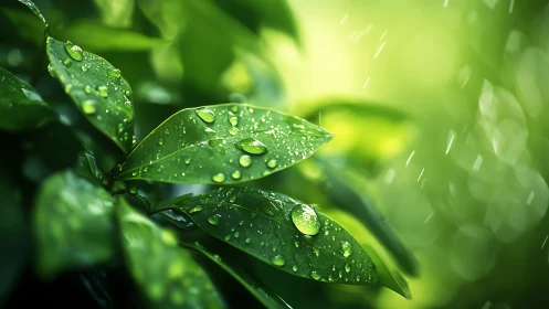 Macro study of rain-soaked foliage under soft backlight