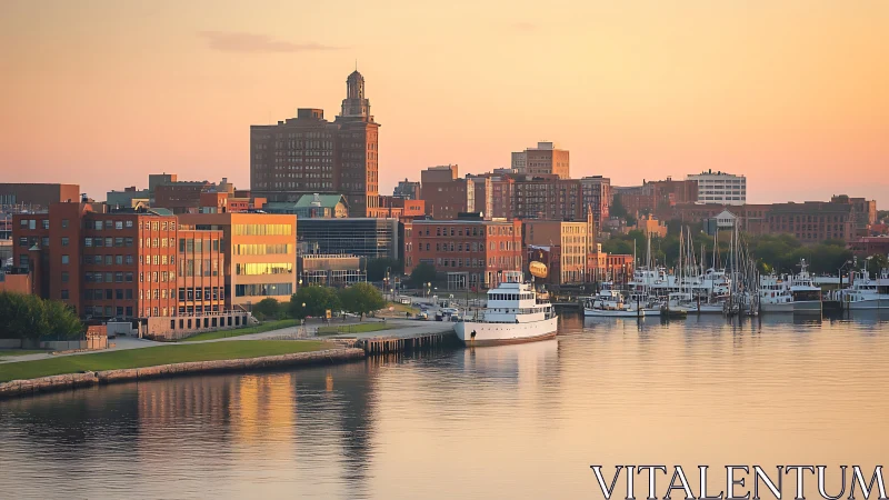 Harborfront city skyline glowing softly in golden sunset light.