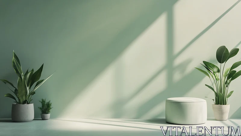 Green wall interior shows potted plants and round ottoman