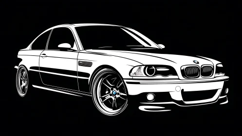 Monochrome BMW coupe illustration emphasizes bold contours.