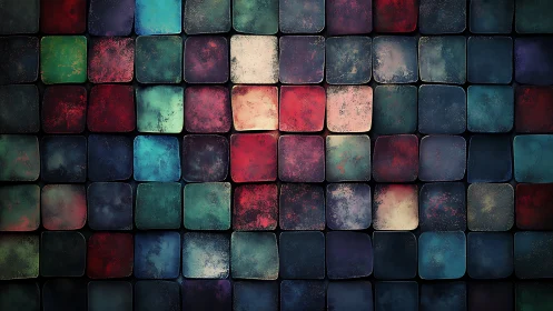 Chromatic patina grid of beveled squares under diffuse light.