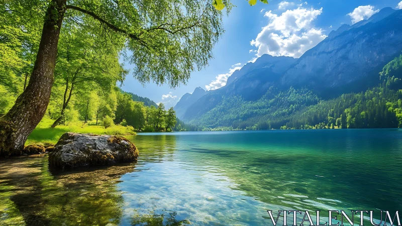 Tree-lined mountain lake displays clear water and distant peaks