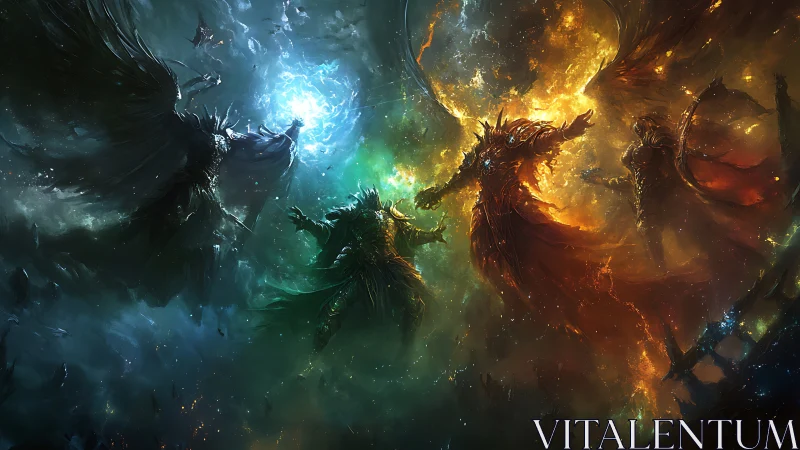 Elemental armored beings locked in violent cosmic clash.
