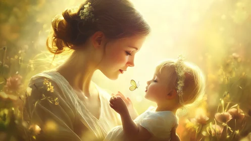 Mother and Child in Golden Wildflower Field.