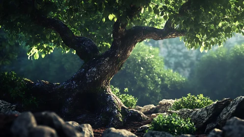 Ancient garden guardian tree basking in emerald morning light.